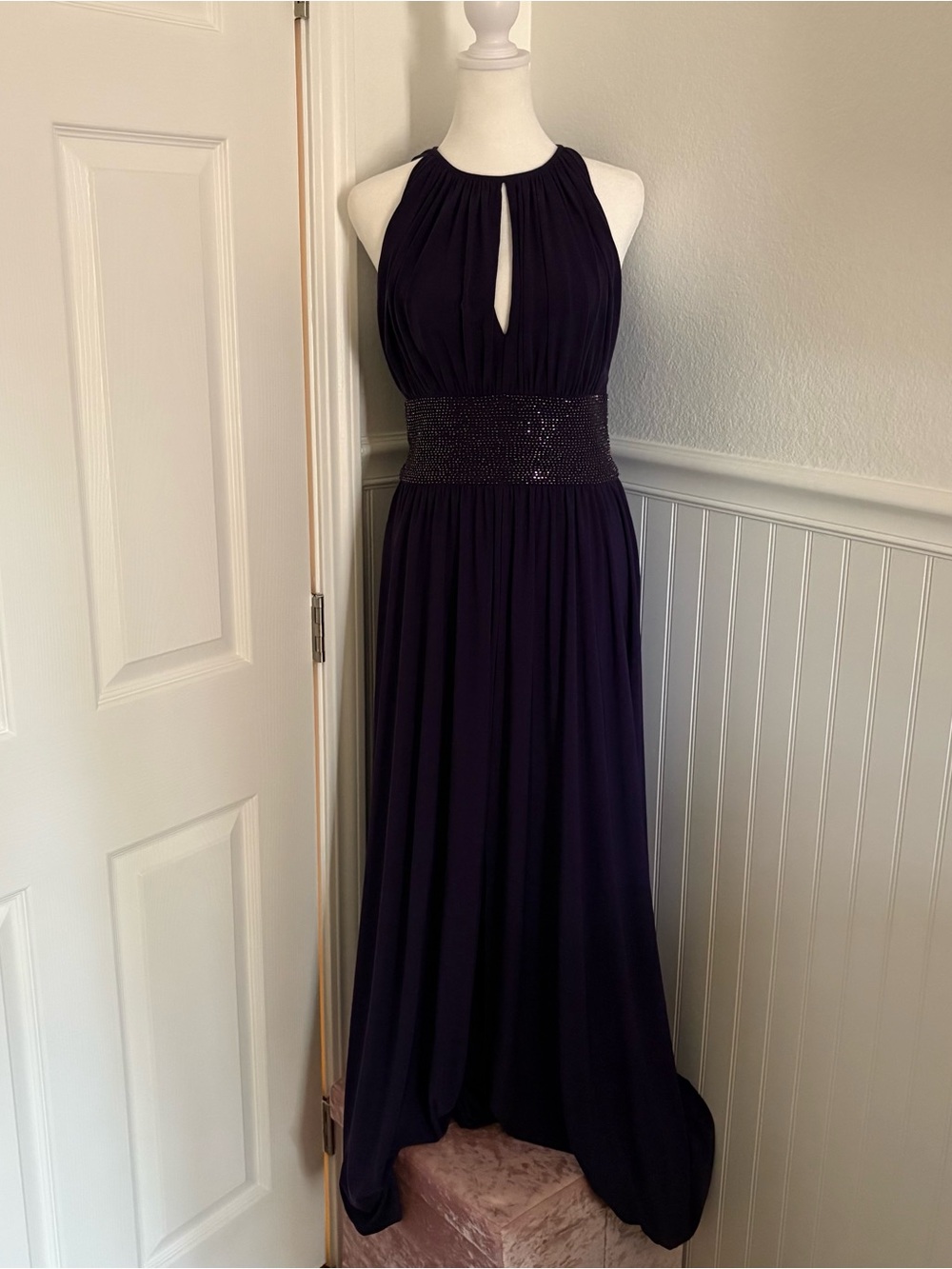 Elegant Plum Halter Evening Gown with Beaded Waist size 8
